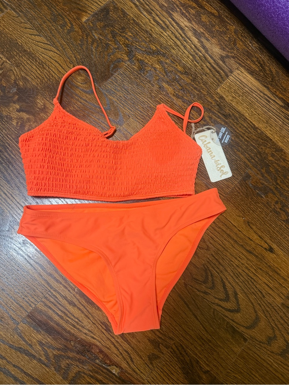 Women's Smocked Neon Orange Bikini Set - Stretch Two-Piece Swim